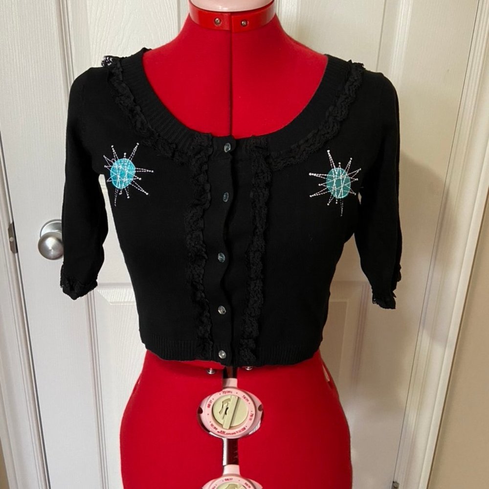 Vintage Repro Sourpuss half sleeve black atomic cropped cardigan size Small